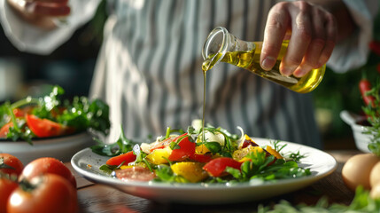 A chef drizzling olive oil over a fresh salad. Close up Hand pouring olive oil onto fresh salad with tomatoes and greens.  - Powered by Adobe