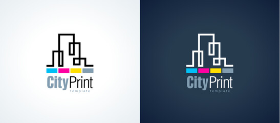 Logo City Print СMYK Printing theme. Silhouette Town Buildings lines style. Template design vector.