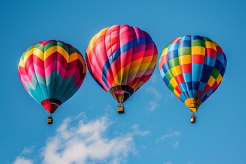 Fototapeta premium Vibrant hot air balloons soar in a clear blue sky, offering a beautiful aerial spectacle