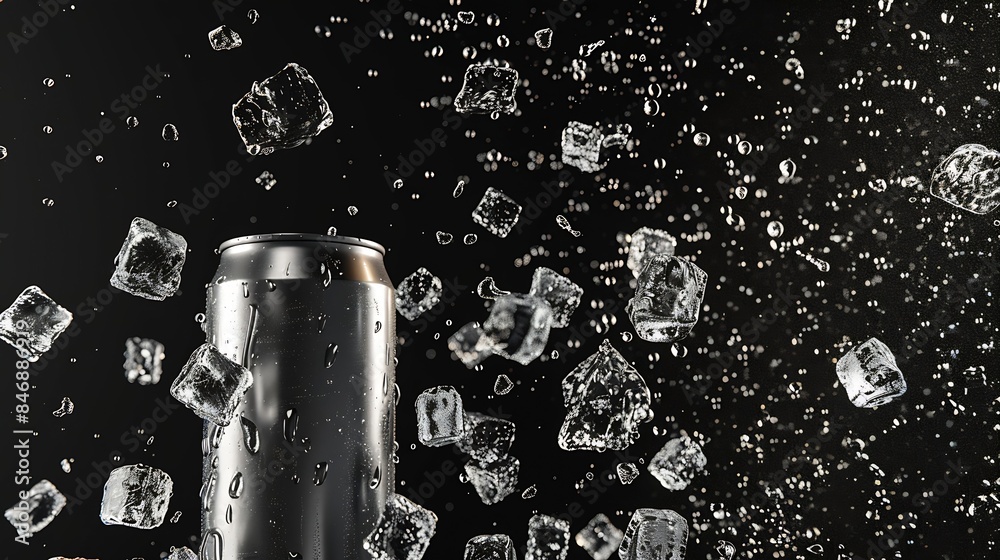 Poster Empty aluminium can mockup with flying ice cubes and splash isolated on black background : Generative AI