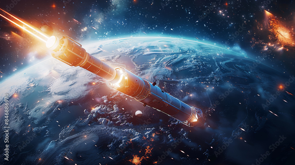 Poster a futuristic space rocket satellite on a background of stars are traveling at speed in space around 