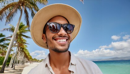 A man with  sun hat and sunglasses, the palm trees and blue sky