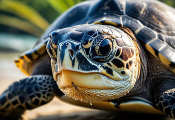 Closeup of a sea turtles ancient eyes, their unwavering gaze revealing a resilience and adaptability that has allowed them to thrive for millions of years