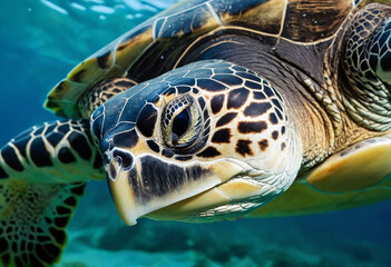 Closeup of a sea turtles ancient eyes, their unwavering gaze revealing a resilience and adaptability that has allowed them to thrive for millions of years