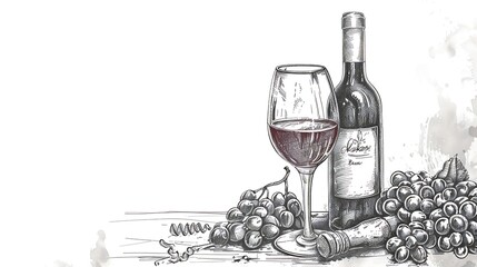 Wine concept Bottle glass with wine drink corkscrew and grapes Clipart sketch drawing set :...