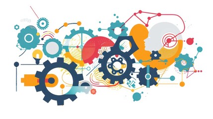 Fototapeta premium Illustrate the interconnectedness of technology and ingenuity with a dynamic stock photo featuring vector flat illustrations of gear wheels alongside a creative mind pictogram.