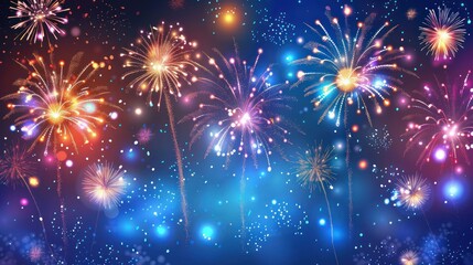 Obraz premium Illustrate the grandeur of a fireworks display with a dynamic stock photo showcasing a stunning landscape illustration illuminated by cascades of colorful bursts, evoking a sense of awe and wonder. 