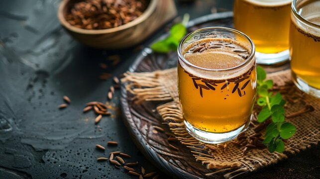 soaking raw cumin seeds drinks or cumin powder drinks called Jal jeera in India for healthy digestion : Generative AI