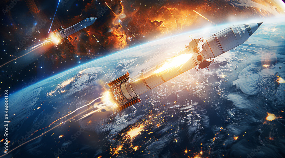 Poster a futuristic space rocket satellite on a background of stars are traveling at speed in space around 