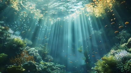 Obraz premium Beautiful underwater scenery with various types of fish and coral reefs Generative AI