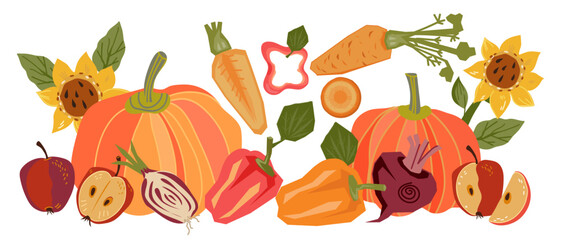 Local farm food promo banner or flyer design with vegetables. Banner or poster with harvest of vegetables, flat vector illustration isolated on white background.