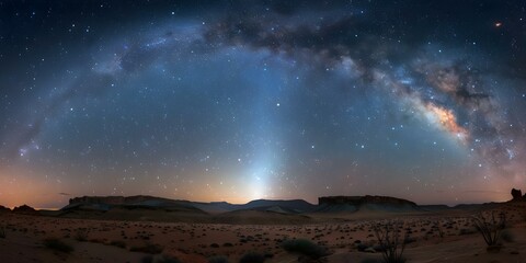 Fototapeta premium Stunning view of Milky Way over desert with Earths zodiacal light. Concept Astrophotography, Milky Way, Desert Landscape, Zodiacal Light, Night Sky