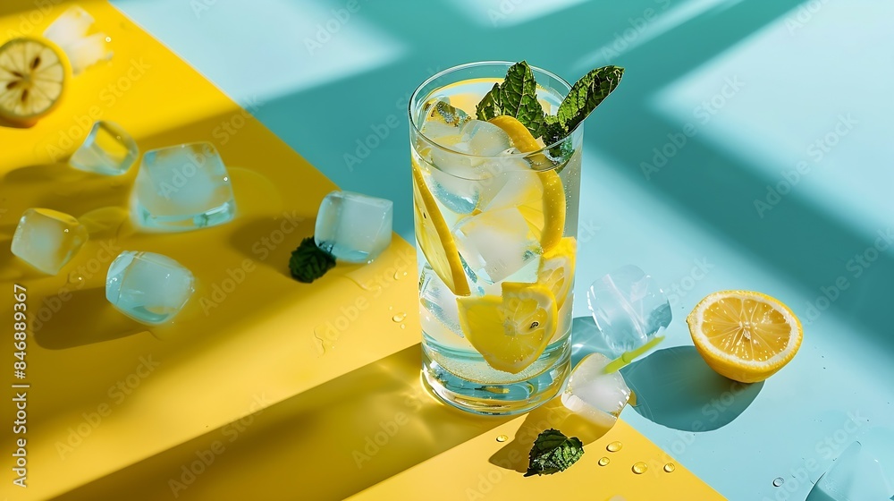 Poster A  cold lemonade in a glass with lemon mint and ice on a yellow and blue background with shadow The concept of a refreshing and healthy drink : Generative AI