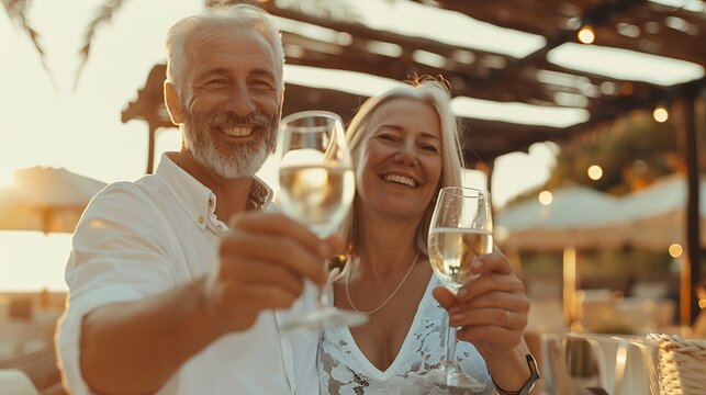 Vertical Mature smiling couple toasting white wine glasses to the camera Middle aged married people drinking alcohol on a bar terrace Two adult partners clinking with alcohol beverages : Generative AI - Powered by Adobe