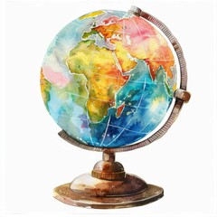 Vibrant watercolor globe showcasing detailed continents and oceans, offering a colorful representation of the world, ideal for educational decor.