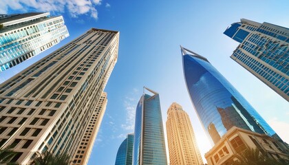 Fototapeta premium Perspective View of Financial District Skyscrapers for Business Design