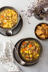 Oyster mushroom soup in plates, soup made from Pleurotus mushrooms and potatoes, carrots and spices, top view, copy space