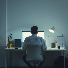 Fototapeta premium Man sitting at his desk in front of the computer, working. Modern office interior with a office table. Bright room lighting