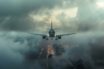 Commercial airplane prepares for landing amidst a dramatic cloudy sky at dusk, city lights glowing below