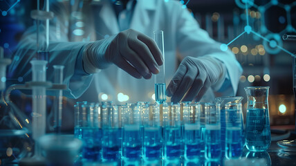 biochemical research scientists working with a microscope for vaccine development in pharmaceutical research labeling.