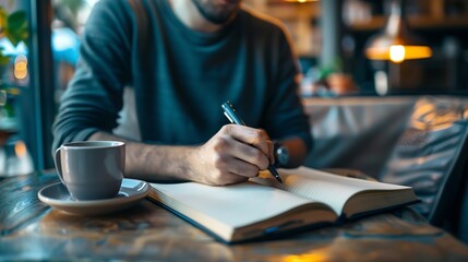 Man coffee shop and journal for writing ideas inspiration and writer for creativity in restaurant Male person diary and planning for story or author calm and peace in cafe for script p : Generative AI