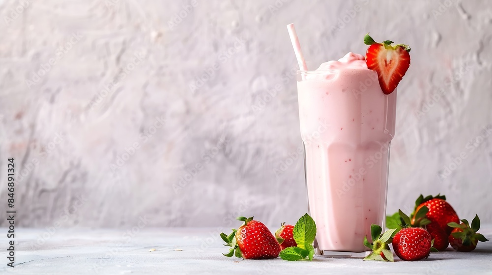Poster a glass of strawberry milkshake or smoothie with strawberries on a light background with fresh berri