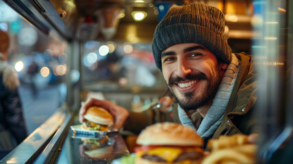 Indian smiling burger chef making smash burger wearing orange apron, black tshirt and black cap hat