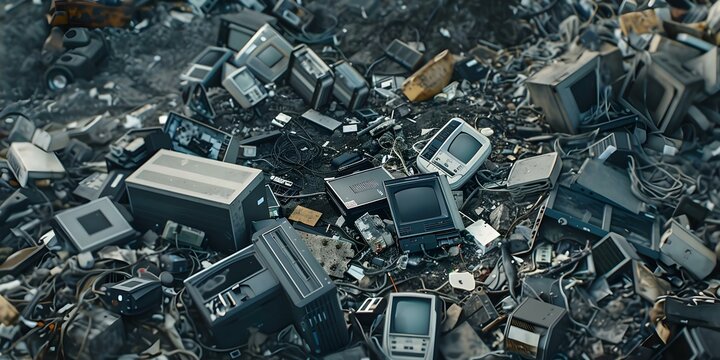 Impact of discarded electronics on planet due to outdated devices in landfills. Concept E-waste pollution, Environmental impact, Electronic waste management, Landfill contamination
