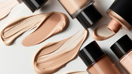 A collection of makeup base liquid foundation colors swatch with different shades, concept of make up and beauty
