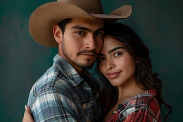 Portrait of a tender latino couple in their 20s wearing a rugged cowboy hat on solid color backdrop