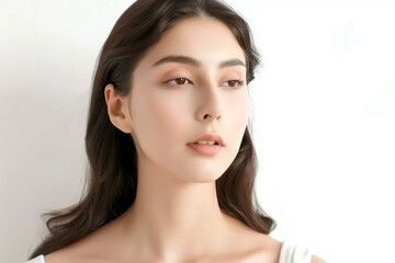 beautiful, cute woman, take care of her nails, beauty, white backdrop, portrait of looking straight into the camera,  white bright background