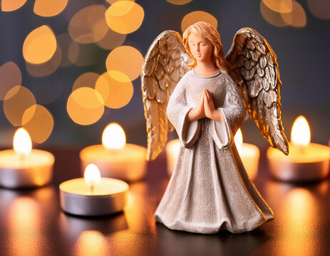 An angel figurine  surrounded by flickering tealights and blurred, sparkling bokeh lights.