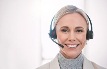 Call center, portrait and happy woman in office consulting for crm, faq or contact us with customer...
