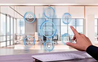 Digital transformation, businessman teaches the concept of digitization of business processes and modern technology.