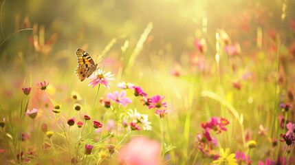 Colorful Wildflowers and Butterfly in Sunlit Meadow - Generative AI