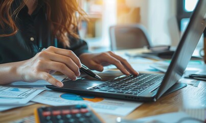 A woman is sitting on the desk and working on a laptop. Close up shot