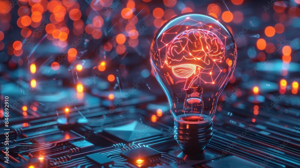Poster A 3D render of a sleek, metallic light bulb with an AI brain pattern inside, surrounded by a holographic circuit board on a dark, futuristic background. The vibrant neon colors. Generative AI.