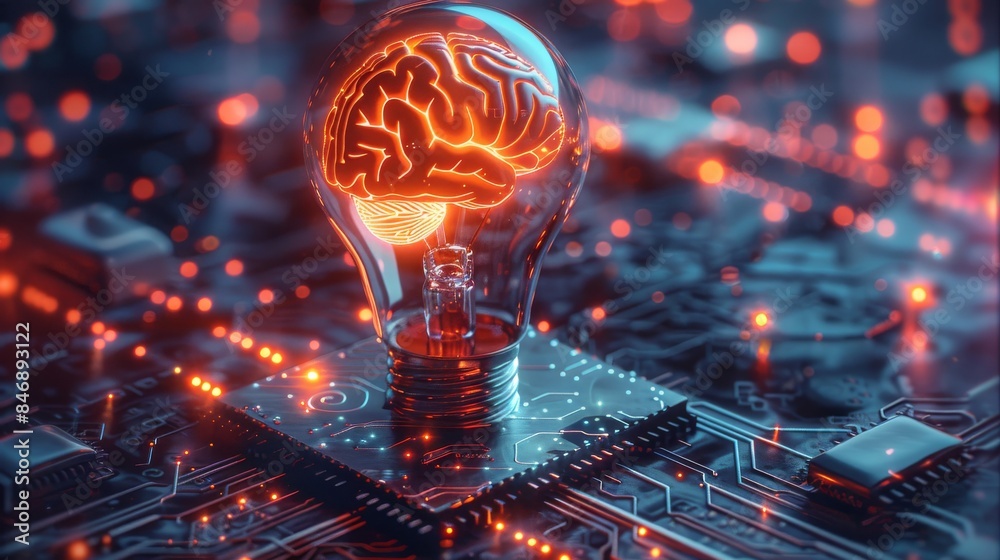 Poster A 3D render of a sleek, metallic light bulb with an AI brain pattern inside, surrounded by a holographic circuit board on a dark, futuristic background. The vibrant neon colors. Generative AI.