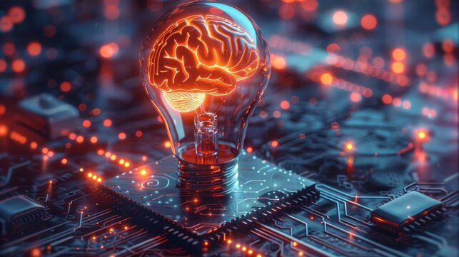 A 3D render of a sleek, metallic light bulb with an AI brain pattern inside, surrounded by a holographic circuit board on a dark, futuristic background. The vibrant neon colors. Generative AI.