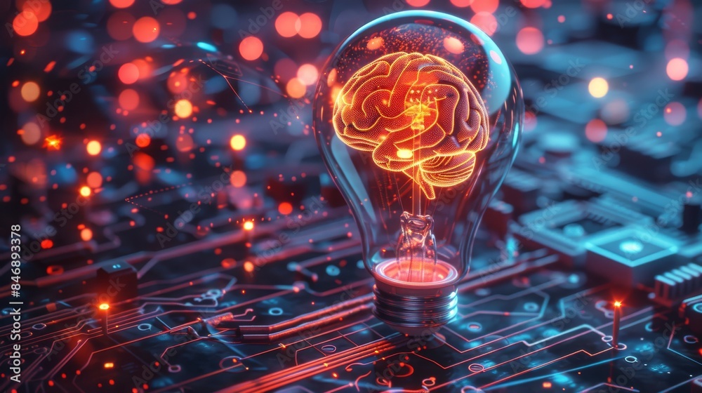 Aufkleber A 3D render of a sleek, metallic light bulb with an AI brain pattern inside, surrounded by a holographic circuit board on a dark, futuristic background. The vibrant neon colors. Generative AI.