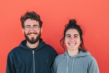 Obraz premium Portrait of a grinning couple in their 20s wearing a zip-up fleece hoodie while standing against solid color backdrop