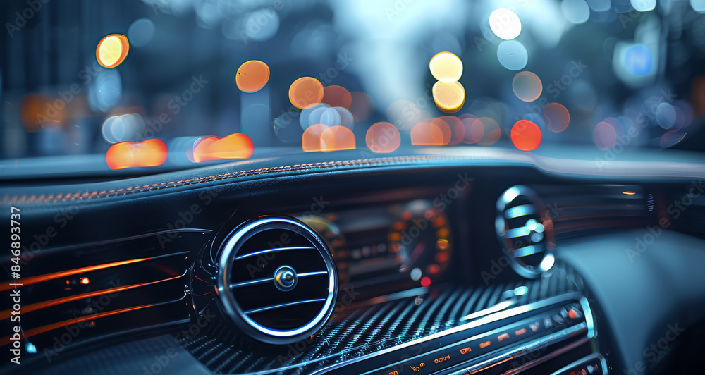 Poster a front-facing view of a luxury car interior, focusing on the air vent and dashboard, sleek black fi