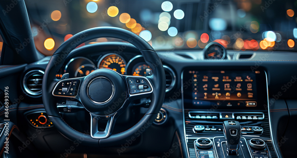Poster a front-facing view of a luxury car interior, focusing on the air vent and dashboard, sleek black fi