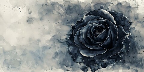 Black rose watercolor background with space for funeral invitation or condolence card. Concept Funeral Invitation Design, Condolence Card Layout, Black Rose Watercolor Background