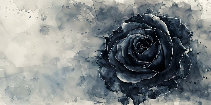 Black rose watercolor background with space for funeral invitation or condolence card. Concept Funeral Invitation Design, Condolence Card Layout, Black Rose Watercolor Background