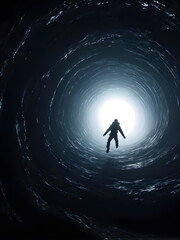 Realistic sci-fi space movie style, the astronaut encounters a giant black hole and enters a new...