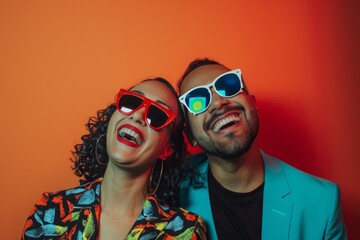 Portrait of a joyful latino couple in their 30s wearing a trendy sunglasses in front of solid color backdrop