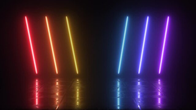 Bright glowing multicolored neon background. Rainbow-colored laser lines blinking with floor reflections. Futuristic studio concept with colorful LED light beams. Seamless neon lights motion. 4k. 