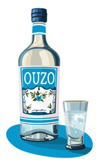 Bottle of ouzo. Greek alcoholic drink with anise flavor. Vector isolated illustration