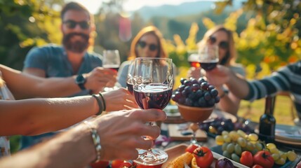 Happy adult friends having fun drinking red wine and eating together with vineyard in background  Multiracial people doing appetizer at summer time in countryside resort  Focus on bott : Generative AI